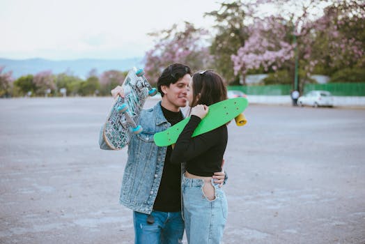 A young couple sharing a joyful moment outdoors, holding skateboards on a sunny day.