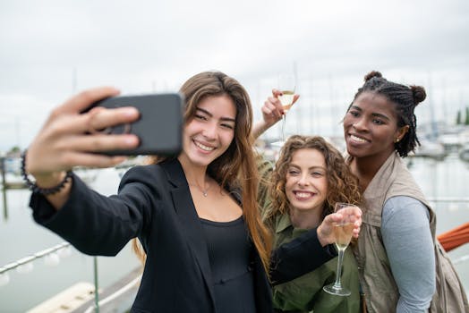 Three women smiling and taking a selfie with wine glasses at a marina in Portugal.